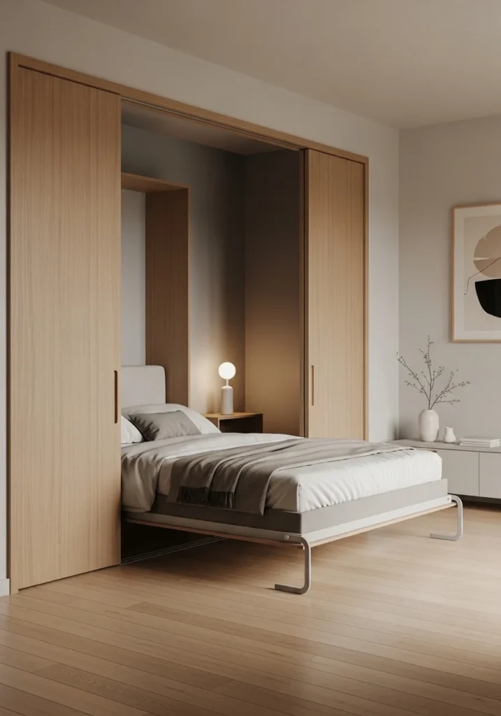 Murphy bed concealed with sliding doors, keeping the bedroom stylish and clutter-free.