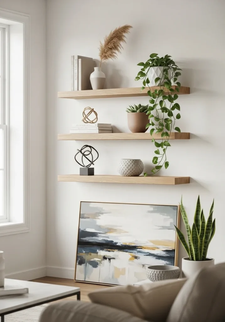 Minimalist floating shelves with books and decor in living room.