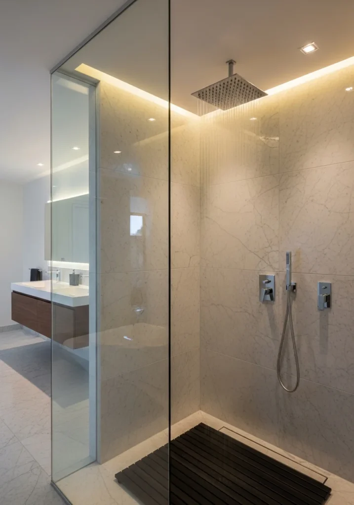 Rain showerhead in a frameless shower creating a spa-like experience