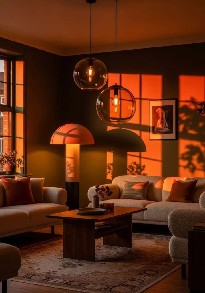 Warm moody lighting in retro living room.