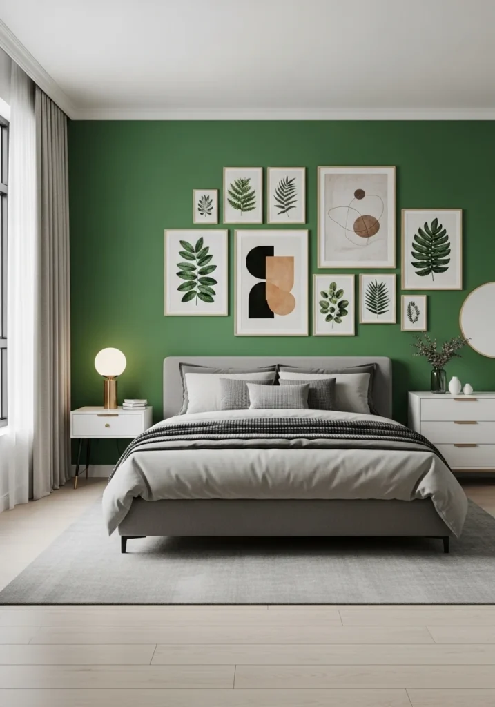 Green accent wall used as backdrop for artwork in bedroom for a stylish and curated look.