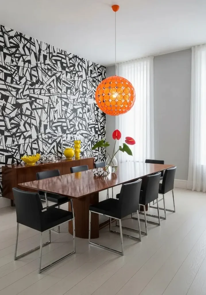 dining room with black and white graphic wallpape