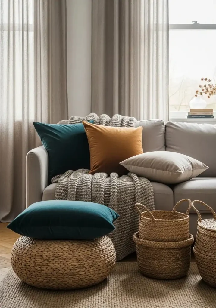 Layered textures with cushions and throws in contemporary living room.