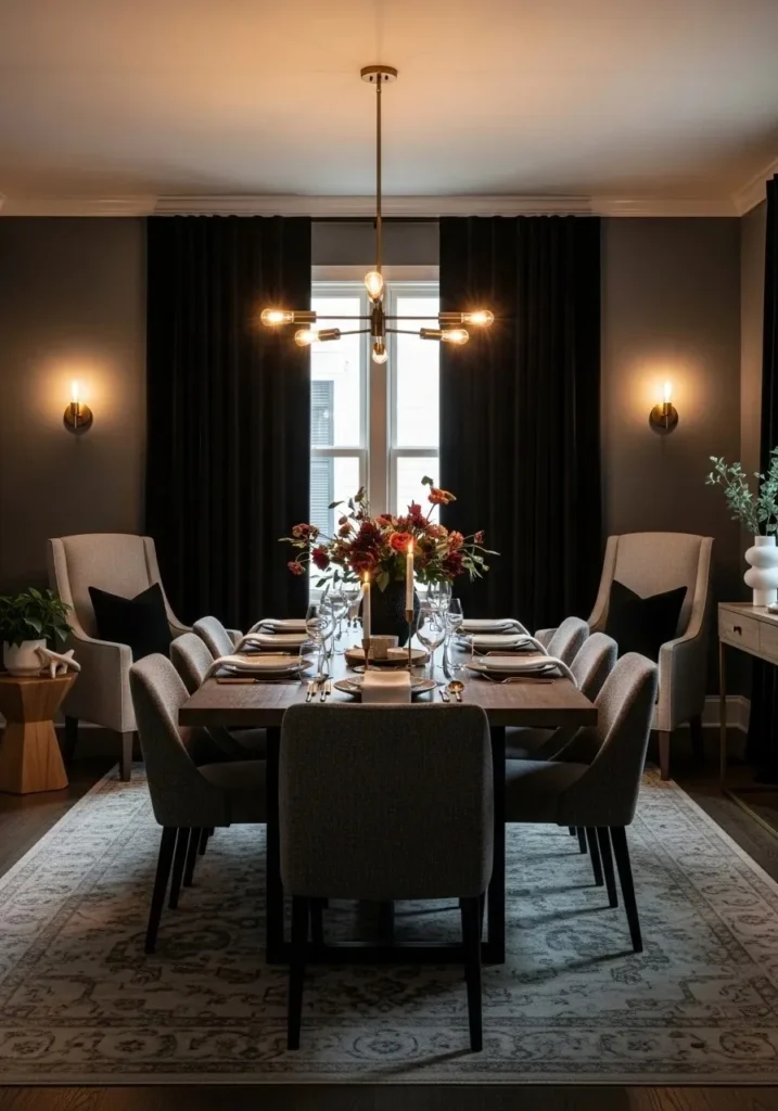 moody dining room dark curtains