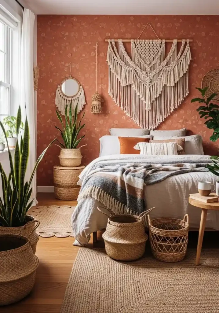 Boho bedroom with terracotta patterned wallpaper accent wall