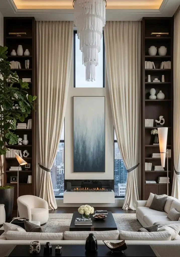 vertical decor elements in long living room