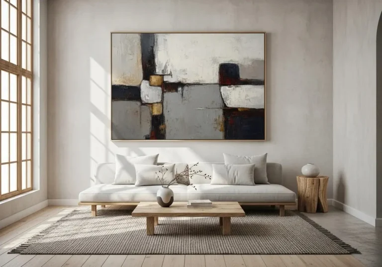 Beautiful living area with wabi sabi painting for interior look