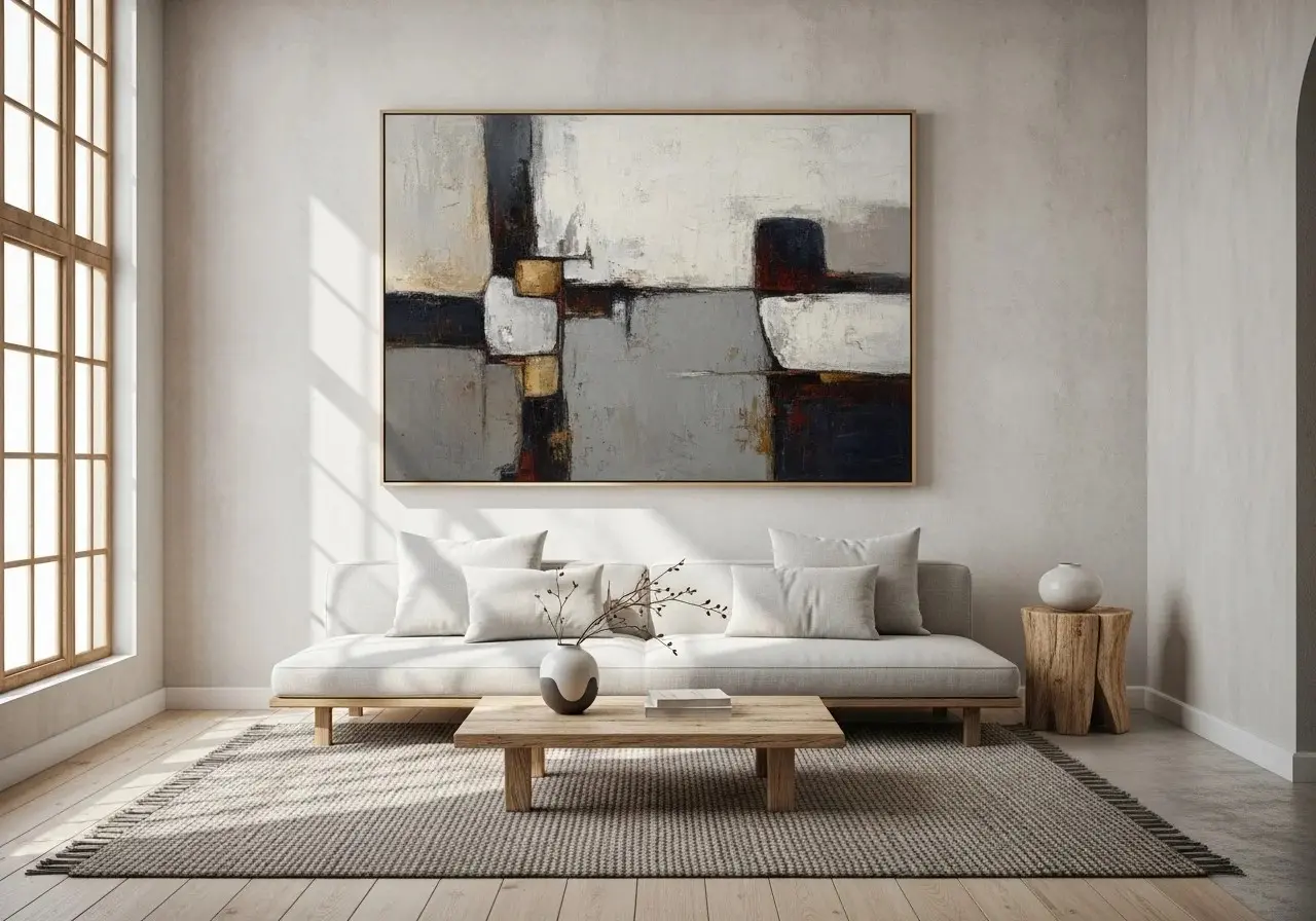 Beautiful living area with wabi sabi painting for interior look
