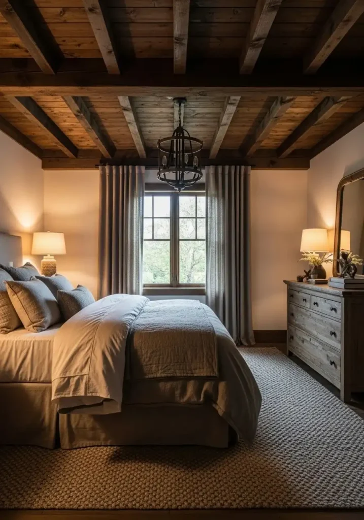 Exposed wooden beams highlight architectural interest and enhance the authentic cabin feel.