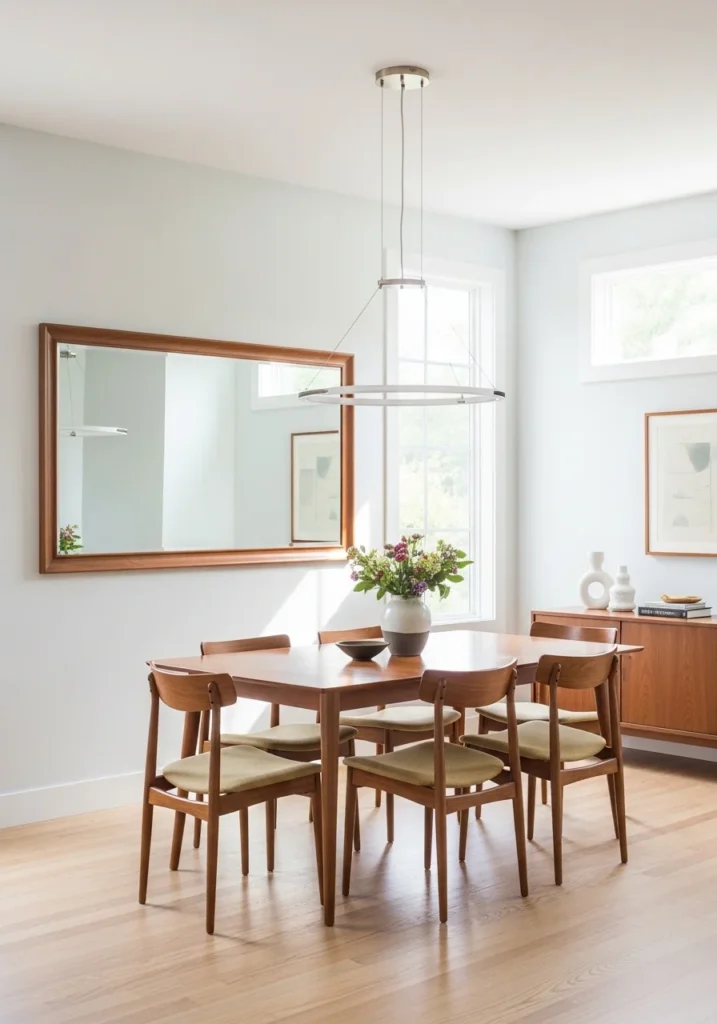 Mid century dining room with mirror reflecting natural light