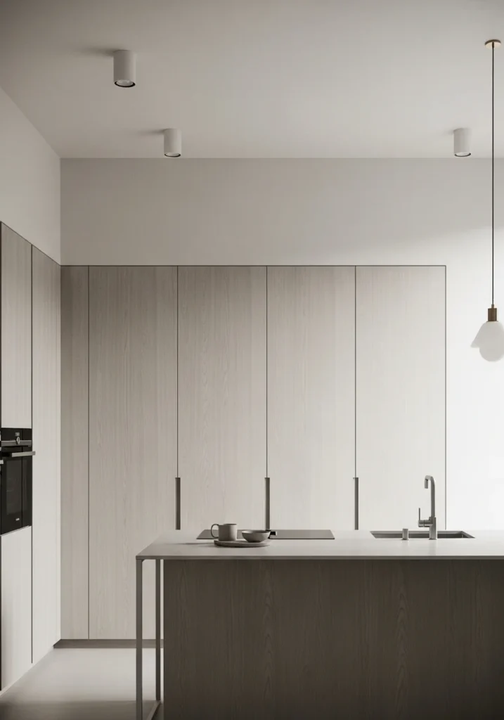 Modern minimalist kitchen with sleek wood cabinets.