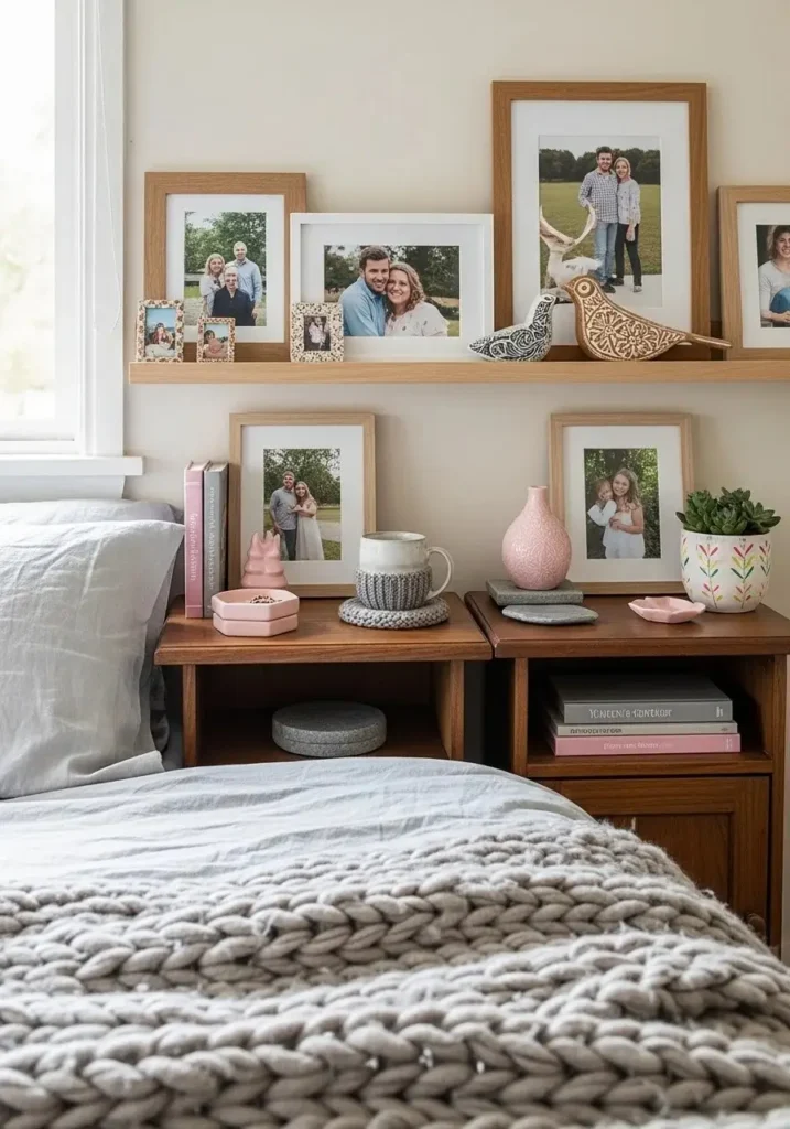 Pink and gray bedroom with personalized decor and meaningful touches.