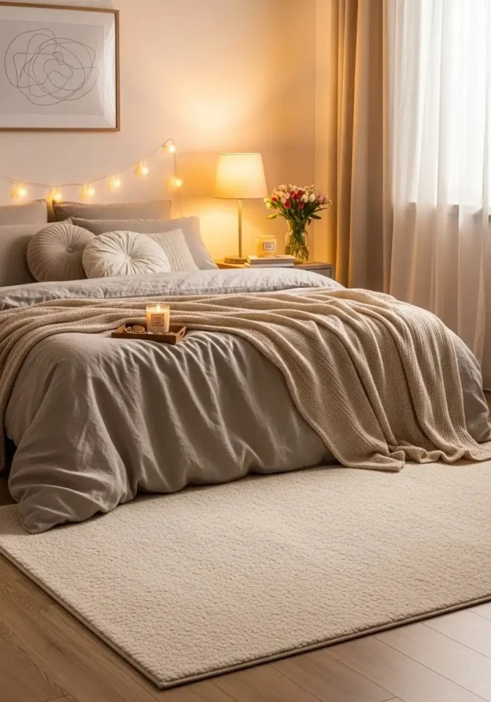 soft area rug romantic bedroom