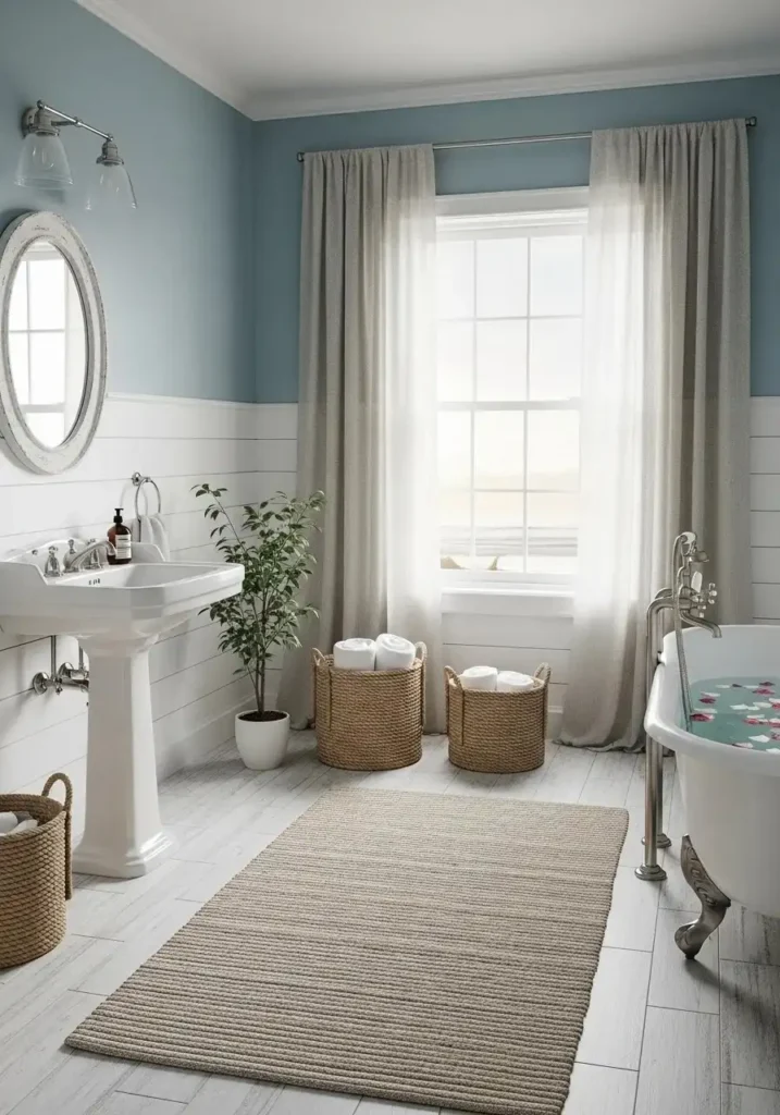 Coastal light blue bathroom with white shiplap and beige accents.