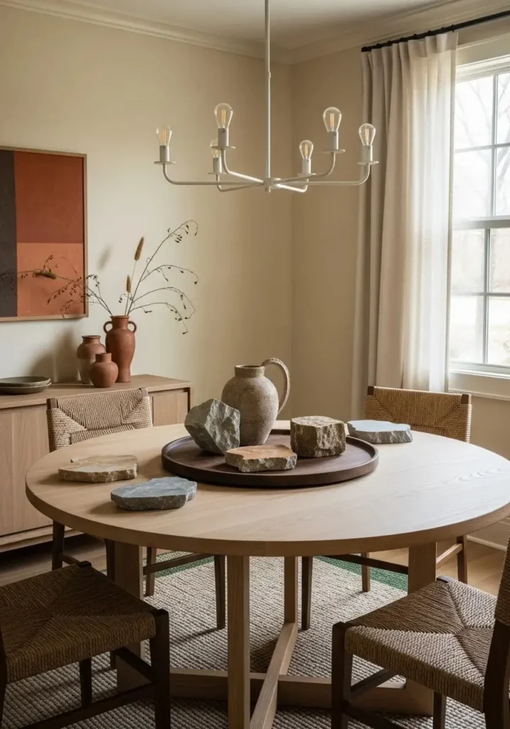 round dining table with natural wood and stone decor