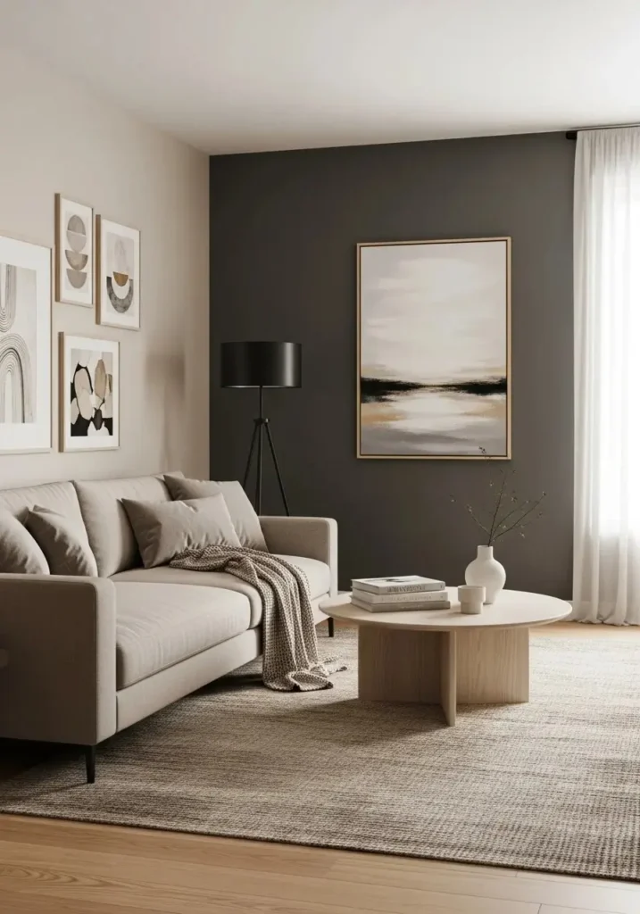 Gray accent wall paired with beige furniture in a modern living room