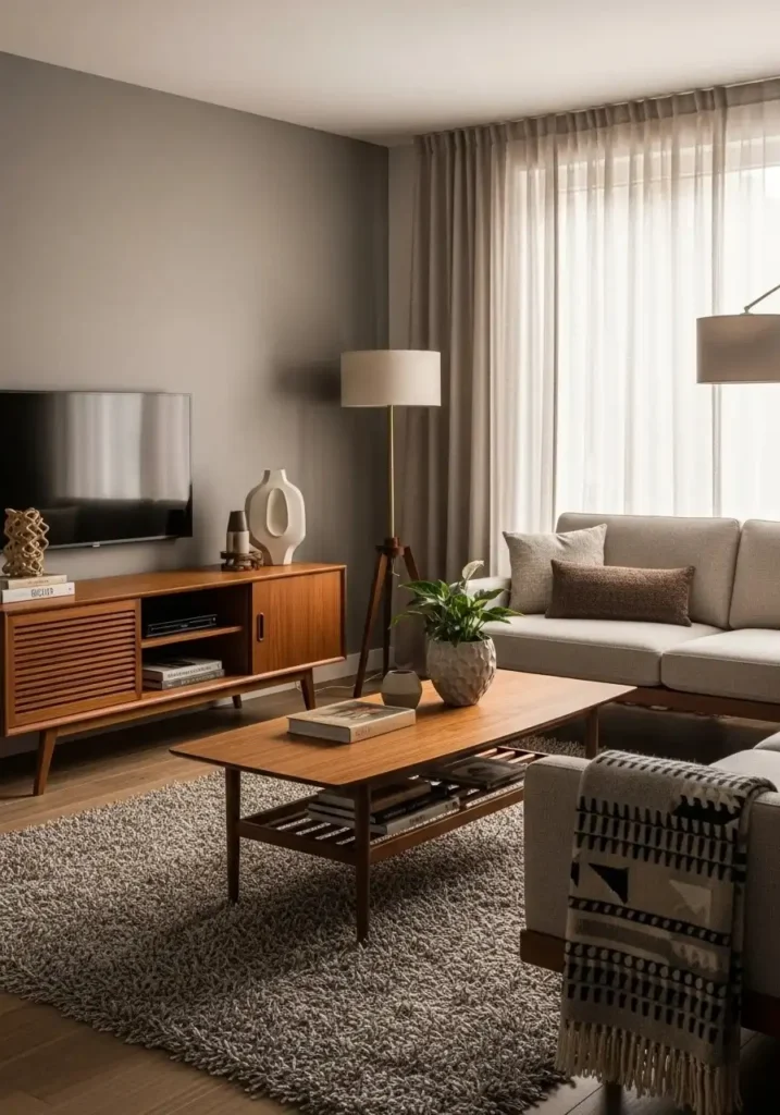 mid century modern living room with warm wood furniture