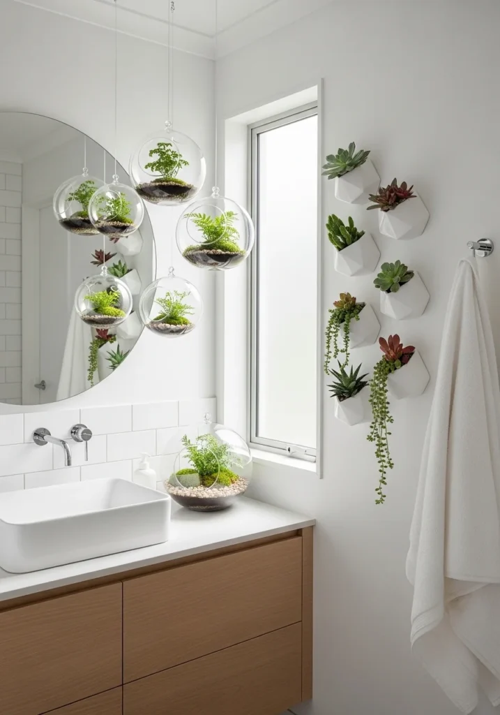 Wall-mounted plants and terrariums.