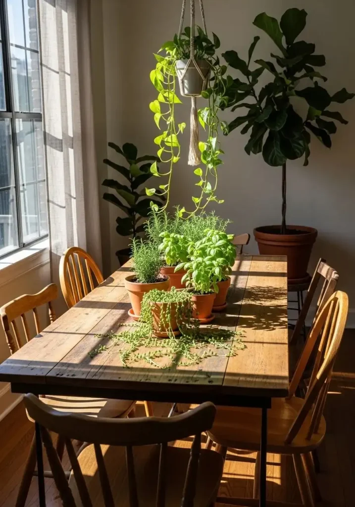 Indoor plants and greenery bring freshness, color, and natural texture to a dining room.