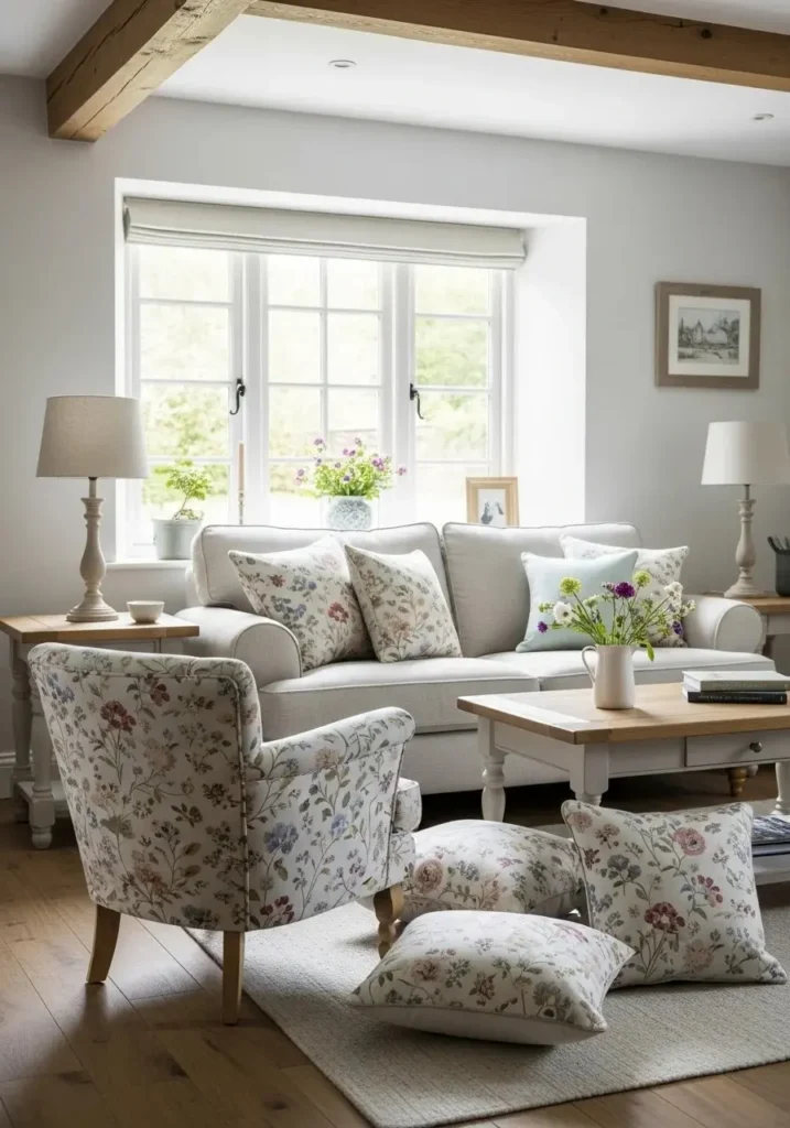 Floral cushions and armchair in a cozy cottage living room.