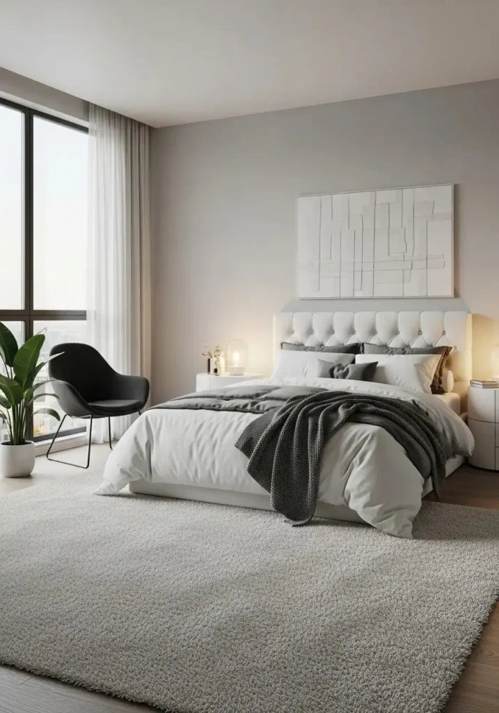 Bedroom with black accent chair seating area.