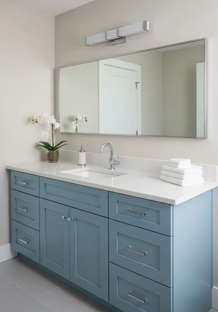 Light blue vanity in modern bathroom.