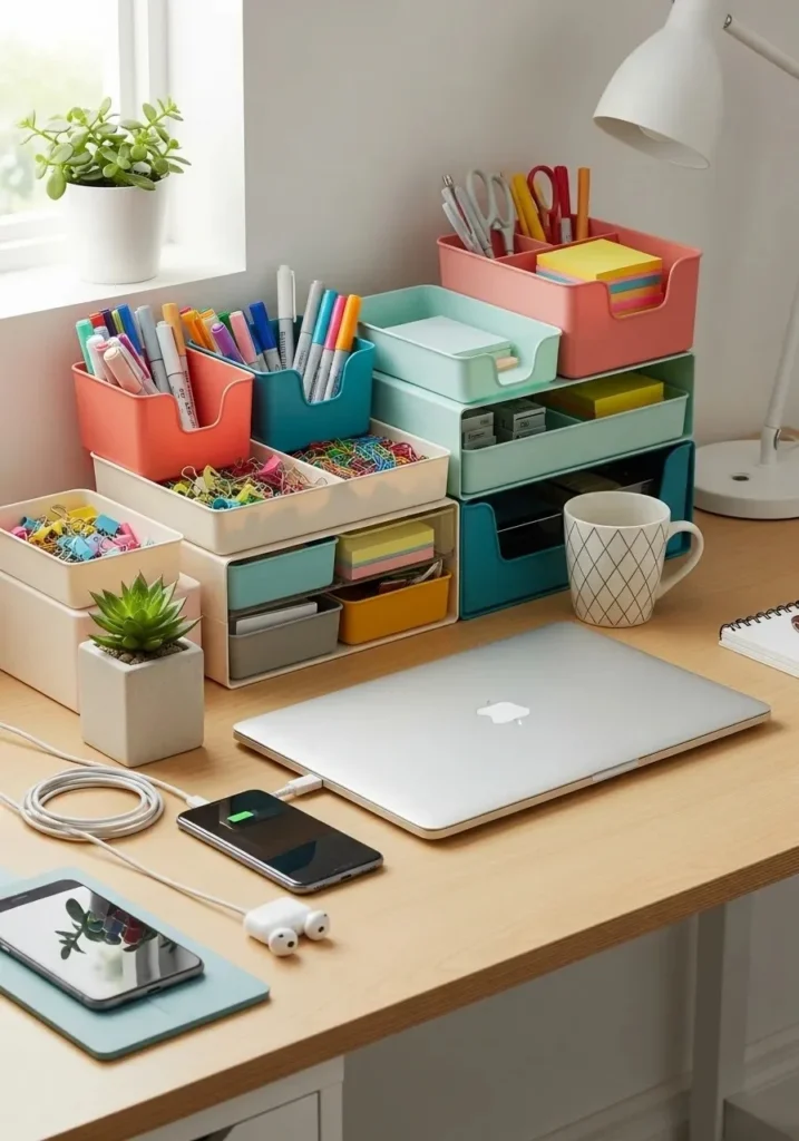 Color-coded office storage bins and drawer organizers for a visually appealing and organized workspace.