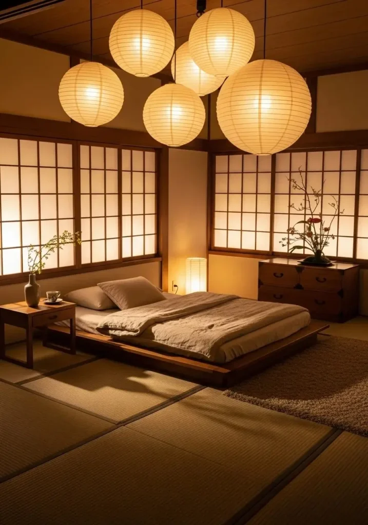 Soft warm lighting in a Japanese bedroom with paper lanterns