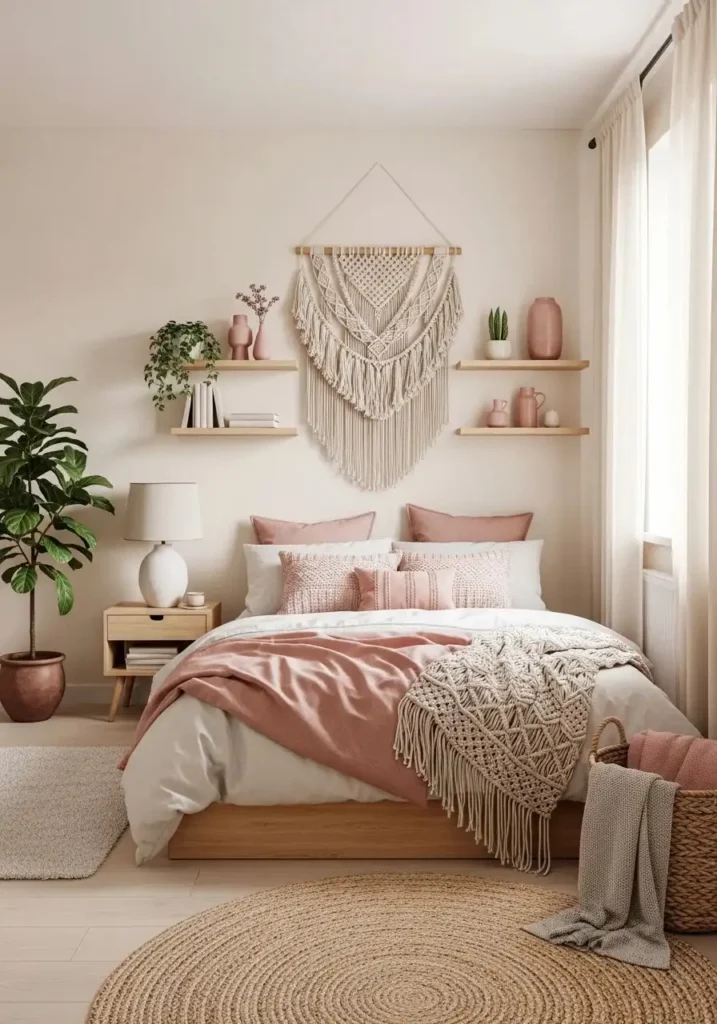Pink and cream boho bedroom with soft neutral decor