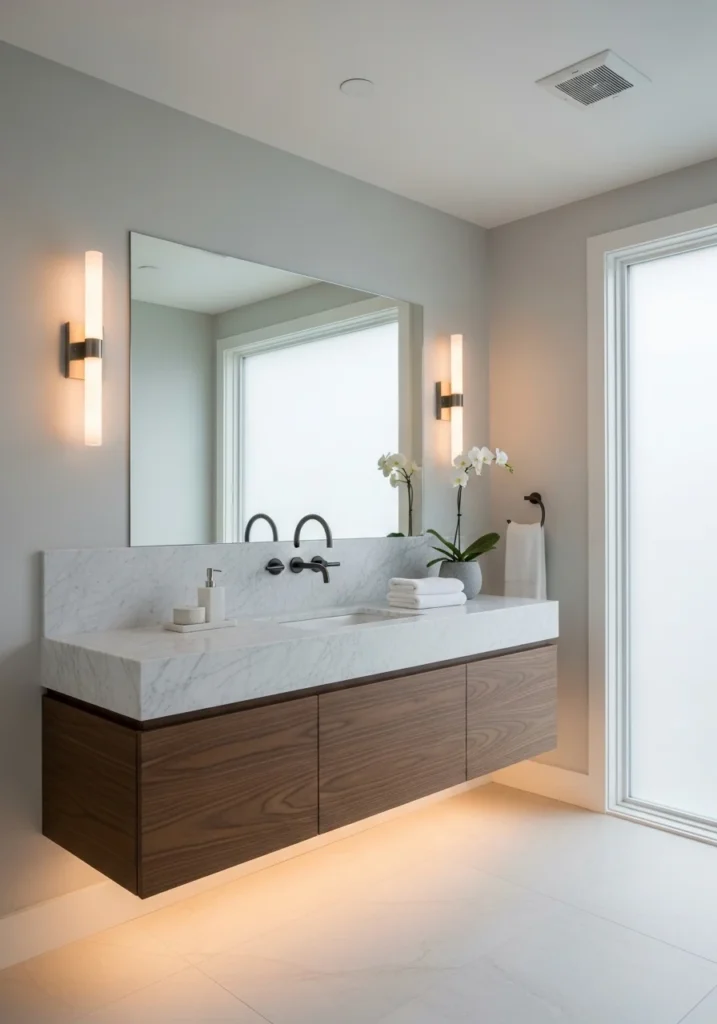 "Floating bathroom vanity with white marble countertop and soft LED lighting underneath