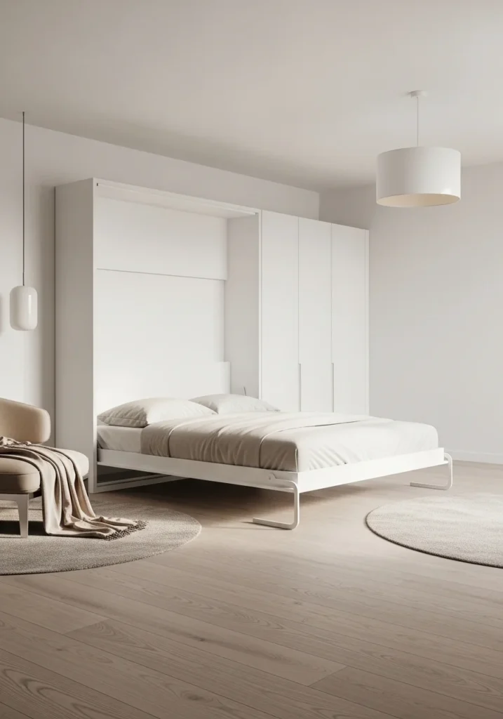 Minimalist white Murphy bed seamlessly integrated into a bright, modern bedroom design.