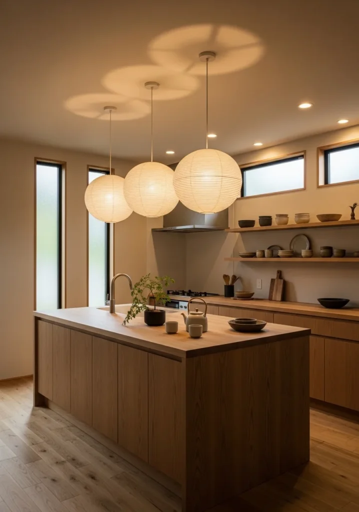 Japandi kitchen with soft pendant lighting and cozy ambiance