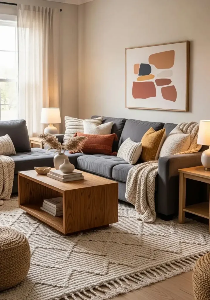 Charcoal couch living room with layered textures for depth and coziness.