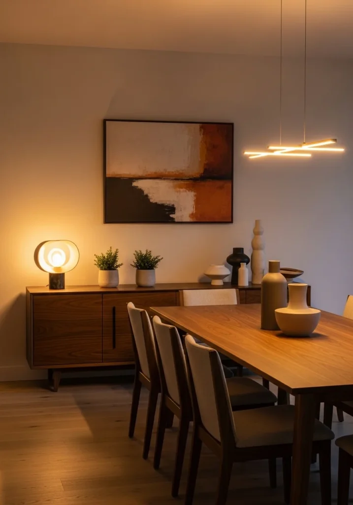 Modern dining room with stylish sideboard for storage and decor