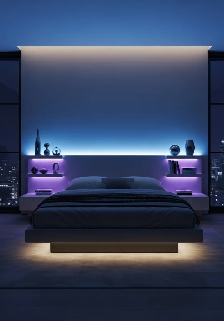 Space themed bedroom with LED cosmic lighting in blue and purple tones.