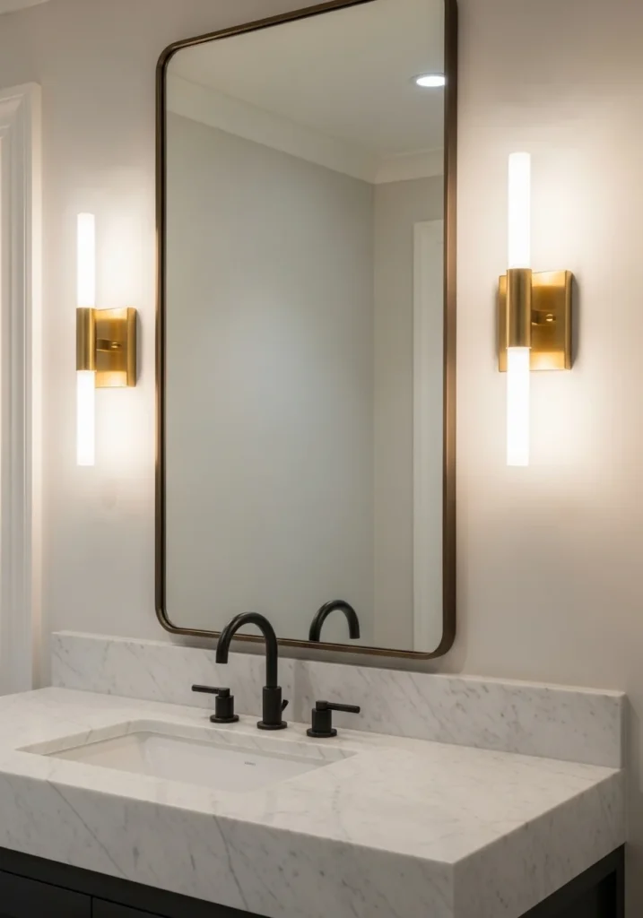 Bathroom mirror with wall sconces