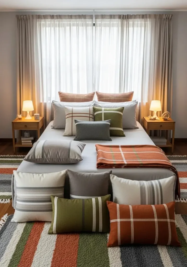 Subtle cabin-inspired patterns add texture and detail without overwhelming the cozy bedroom atmosphere.