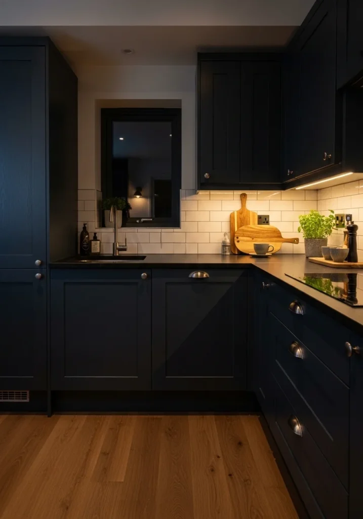 Moody blue kitchen cabinets with dark countertops and warm accents.