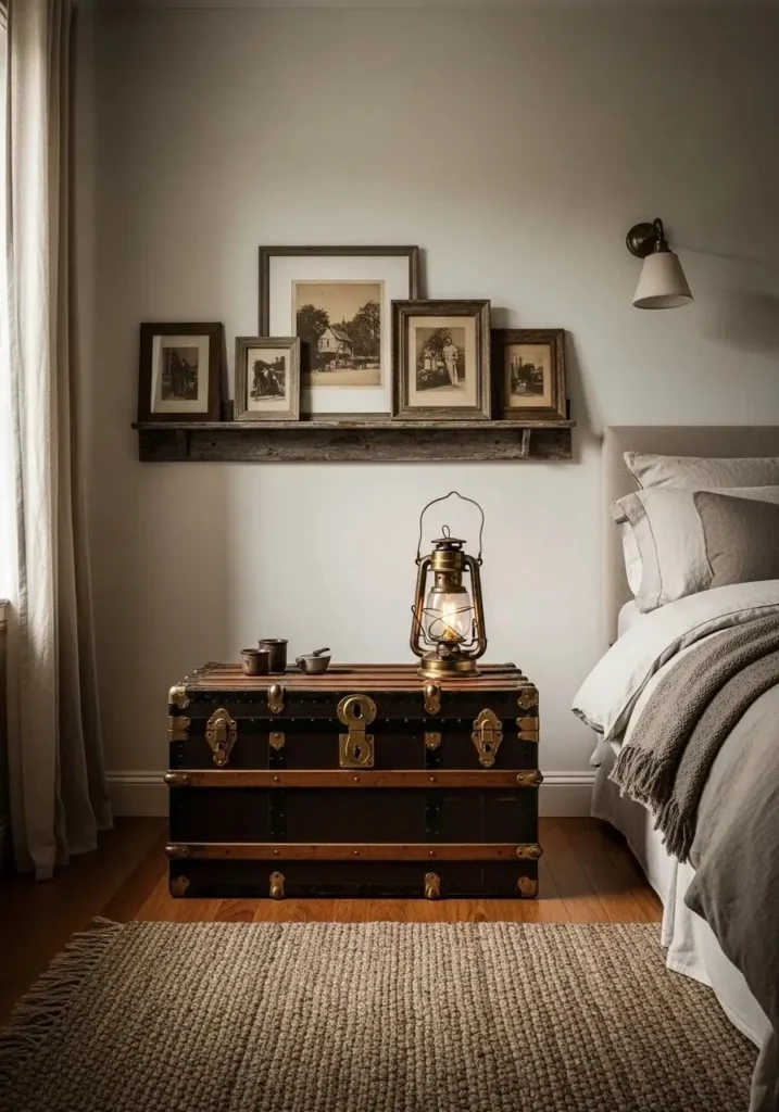 Vintage decor pieces in a cabin bedroom create character, authenticity, and cozy charm.