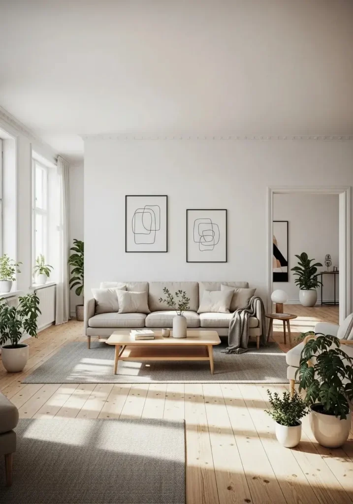 Minimal wall art in Scandinavian style living room.