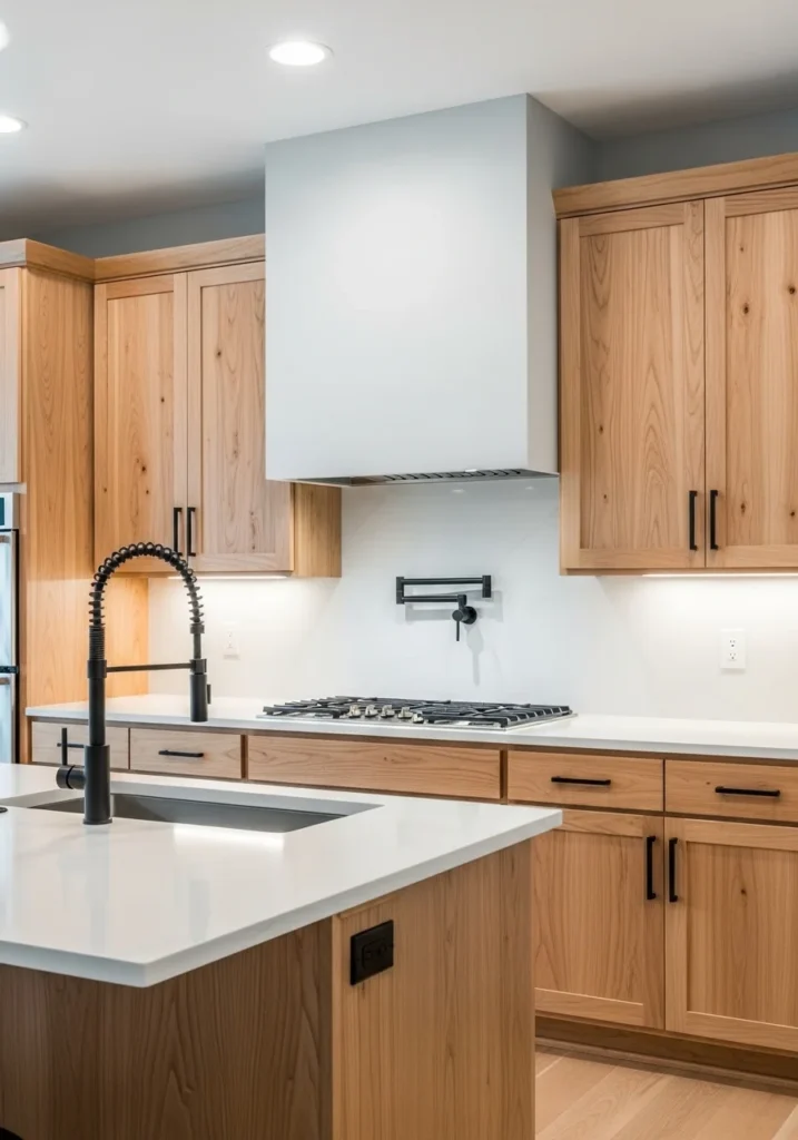Modern kitchen with hickory cabinets and black accents.