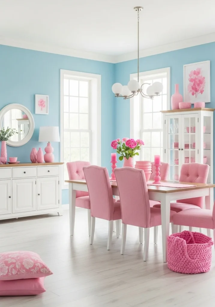 Playful pastel blue and pink dining room with airy, cheerful décor, perfect for brunch or morning meals