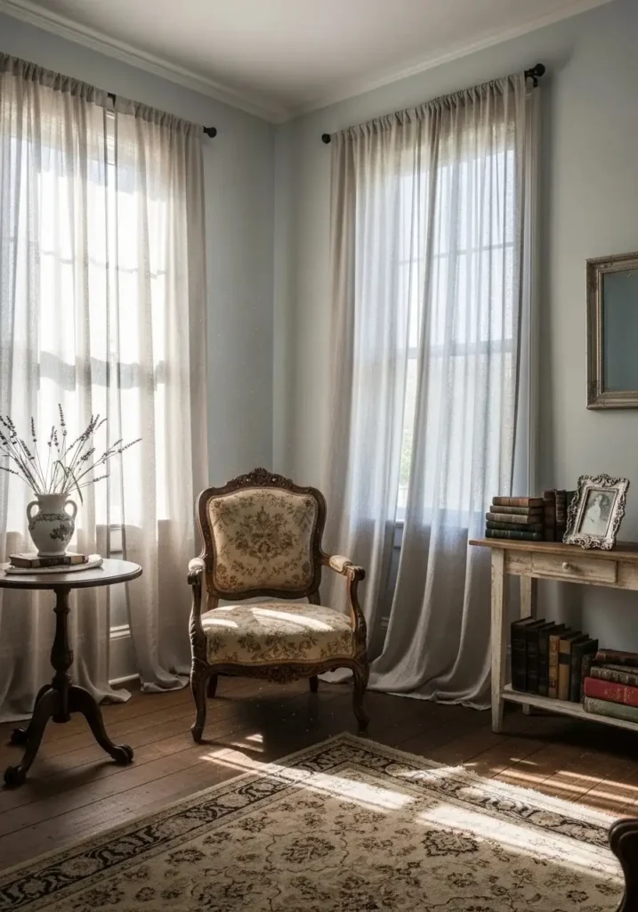 Vintage living room with soft curtains creating a light and relaxed feel.