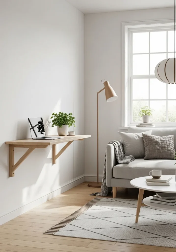 Floating wall desk in a bright, airy living room with minimal decor.
