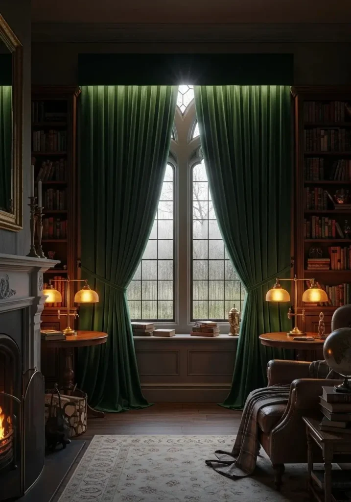 Deep green velvet curtains adding elegance to a dark academia living room.