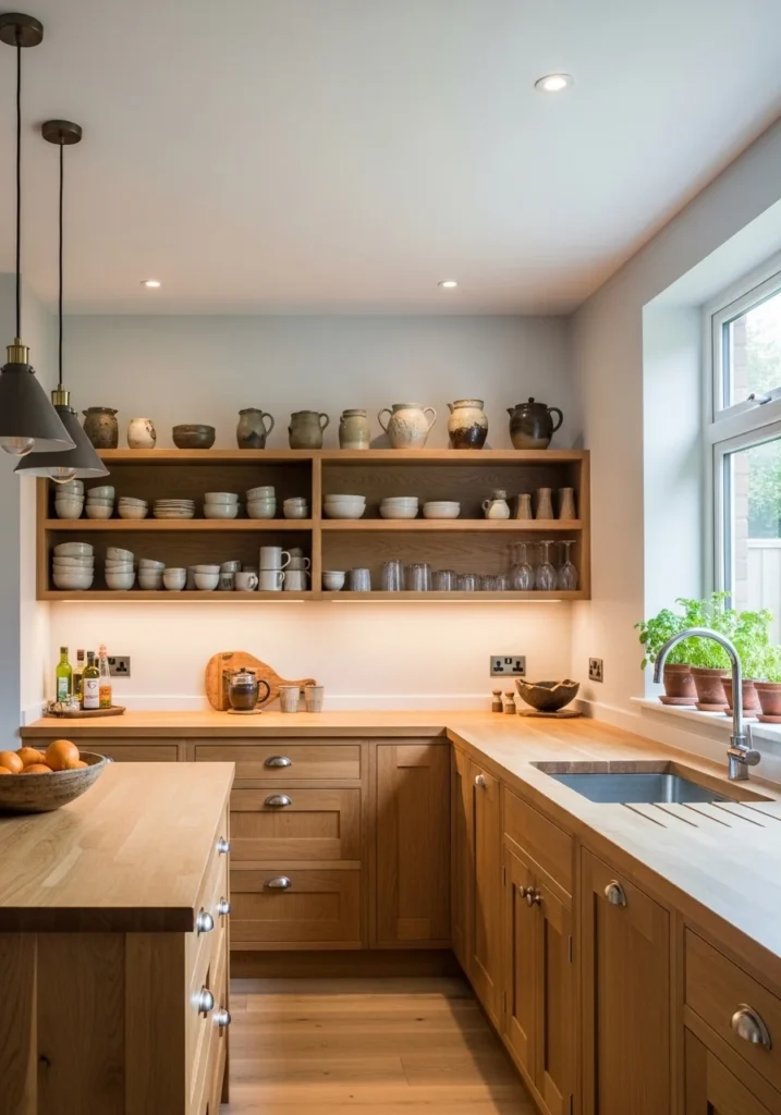 Kitchen with wood cabinets and open shelving.