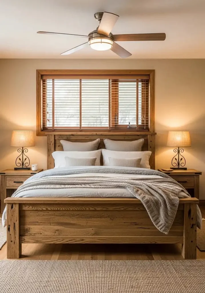 Solid wood bed frame as the focal point in a cabin bedroom, emphasizing rustic character and comfort.