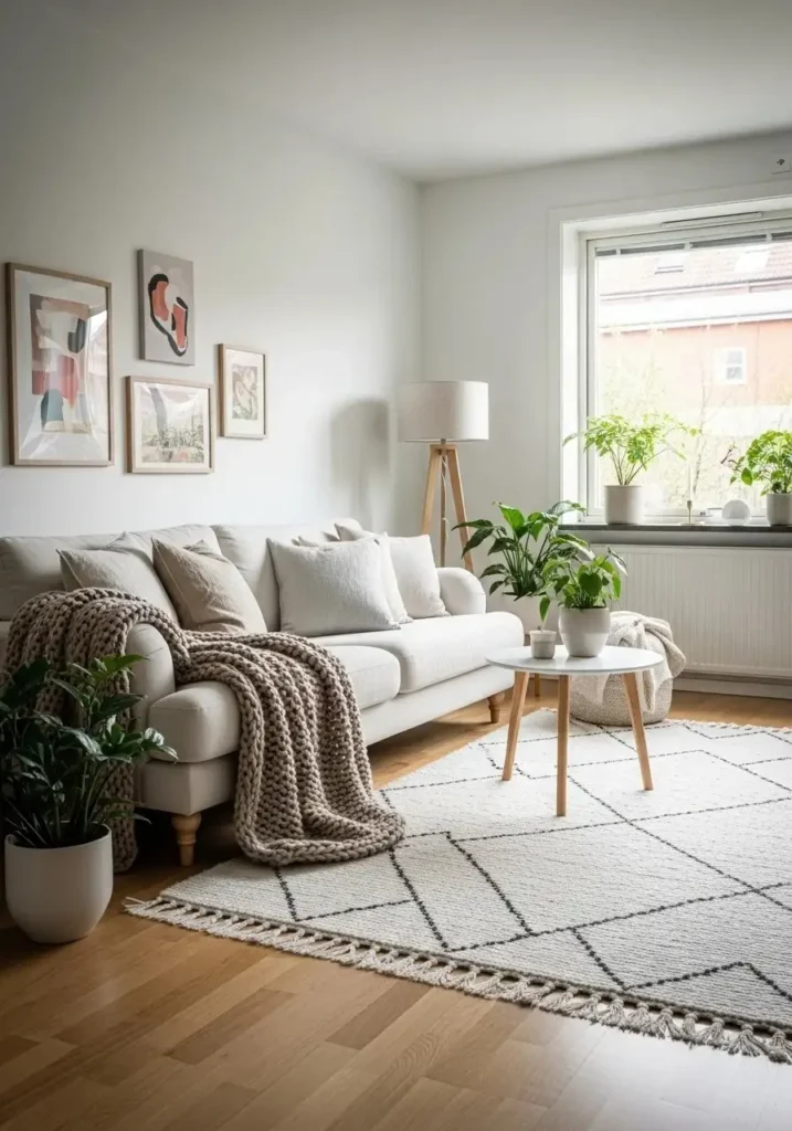 Cozy Scandinavian living room with textured throws and rug.