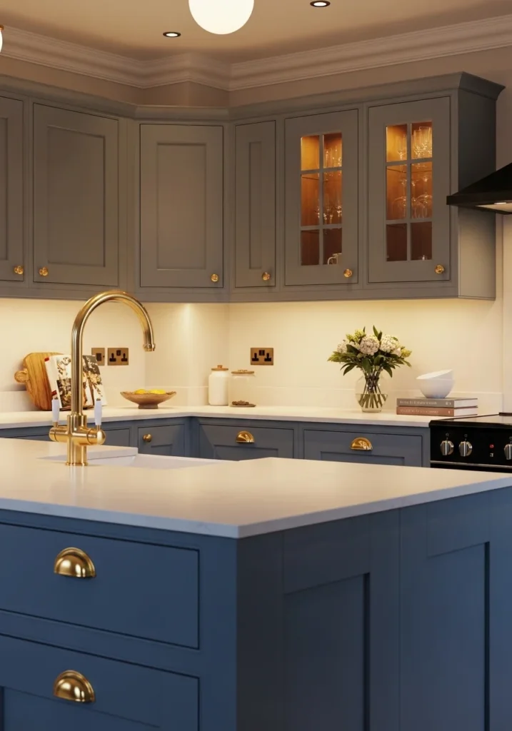 Medium blue kitchen cabinets highlighted with gold accents and cream countertops.