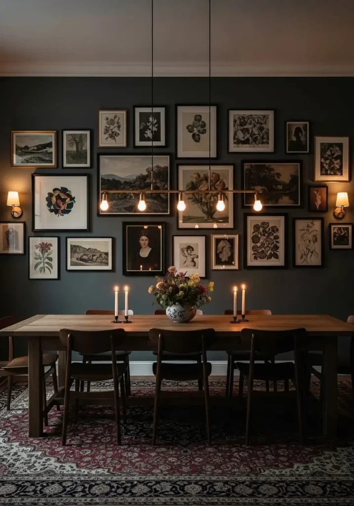 moody dining room gallery wall